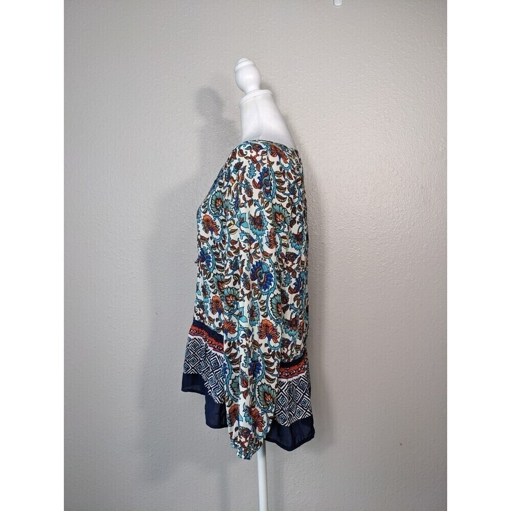 Daniel Rainn Floral Boho Blouse Crochet Tassel Peasant Long Sleeve Blue Sz S 349 - Picture 4 of 9